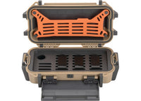 A tan and gray Pelican Ruck Case R20 - Durable Tactical Backpack by Pelican with an open lid, revealing an orange insert featuring multiple slots and compartments for organizing items. Ideal for outdoor adventures, the base of the case has additional compartments and a smaller hinged panel door.