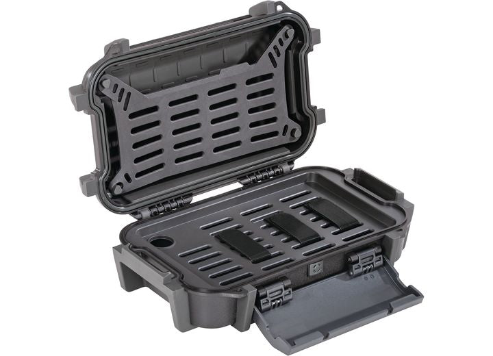 The Pelican Ruck Case R40 - Rugged, Waterproof Utility Backpack in Sleek Black Design by Pelican is a durable black plastic case featuring an open lid and a gatefold door on its side. Made from high-quality materials, its interior includes a well-organized compartment system with straps and vents, making it ideal for securely storing and transporting small items or equipment.