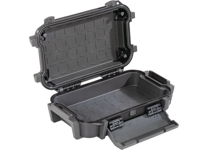 The Pelican Ruck Case R40 is a sleek black, rectangular protective hard case, expertly crafted from high-quality materials. It features a hinged lid and interior foam padding. When opened, the lid reveals a spacious interior with secure latches and an additional front compartment, making it both durable and versatile.