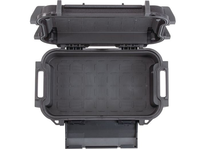 A top-down view of an open, empty Pelican Ruck Case R40 - Rugged, Waterproof Utility Backpack in Sleek Black Design with two side handles. Made from high-quality materials, the case features a textured interior and a compartment at the bottom. The lid is fully opened, revealing the durable and versatile interior space for storage by Pelican.