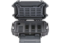 The Pelican Ruck Case R40 - Rugged, Waterproof Utility Backpack in sleek black features a hard-shell protective case with the lid open to reveal perforated internal trays. These trays include various slots and compartments for organizing items. Crafted from high-quality materials, the case is equipped with latches and a sturdy handle, indicating it's designed for secure storage and transport.