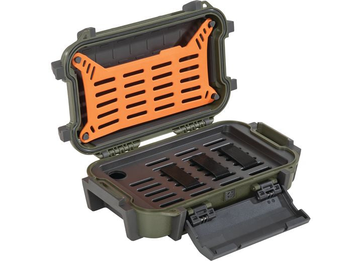 A rugged Pelican Ruck Case R40 in OD Green is displayed open, showcasing its orange inner lid and a segmented black tray with multiple slots. Equipped with durable latches and hinges, this case is designed for securely organizing and storing small items—ideal for outdoor enthusiasts' tactical backpacks.