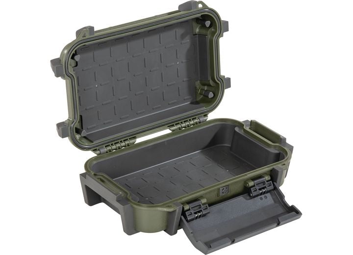 A small, rectangular Pelican Ruck Case R40 in OD Green and gray with its lid open displays a grid-like texture on the inner surface. It features sturdy hinges and latches for secure closure, ideal for outdoor enthusiasts seeking durable protection in their tactical backpack.