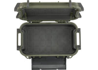 Pelican Ruck Case R40 - Durable OD Green Tactical Backpack with Water-Resistant Design, is displayed with its lid open. Ideal for outdoor enthusiasts, this rugged plastic container features two side handles and an interior with a grid-patterned base. The hinge mechanism on the lid enhances its functionality, much like other high-quality products from Pelican.