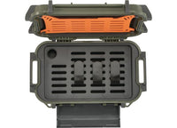 A Pelican Ruck Case R40 - Durable OD Green Tactical Backpack with Water-Resistant Design is open, showcasing a divided interior with ventilation slits and adjustable black straps. The lid includes an orange compartment featuring additional ventilation slits, while handles are visible on the sides, making it an ideal choice for outdoor enthusiasts.