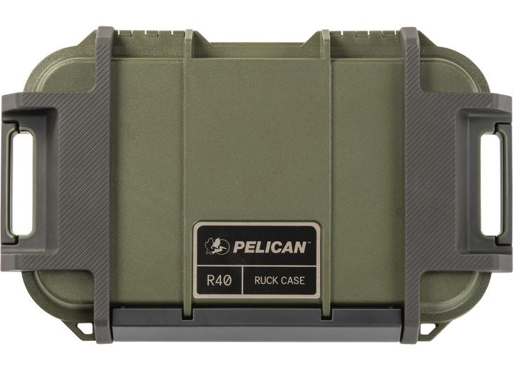 The durable OD Green Pelican Ruck Case R40 features two black handles on either side, secured with gray latches. Perfect for outdoor enthusiasts, the Pelican logo and "R40 RUCK CASE" text are prominently displayed on a black label on the front. Ideal as a tactical backpack supplement for your adventures, this water-resistant case ensures your gear stays protected.