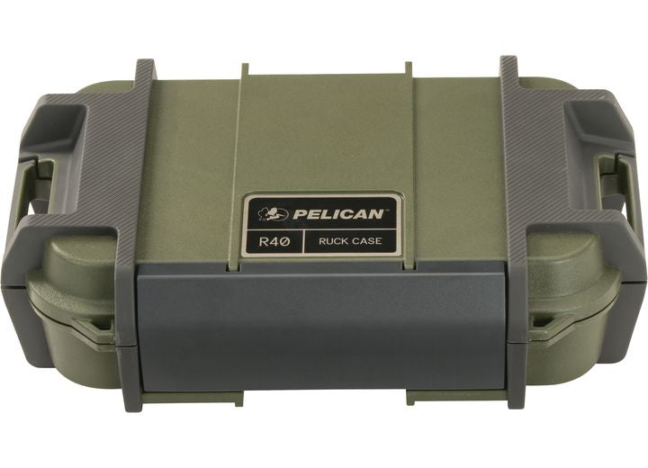 An OD green Pelican Ruck Case R40 is displayed. This robust, rectangular tactical backpack features black latches and handles on either side. The front showcases the Pelican logo along with model information on a label. Perfect for outdoor enthusiasts, this case offers a rugged design ensuring durability and protection with its water-resistant attributes.