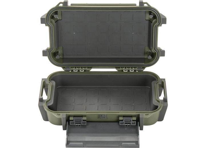 The Pelican Ruck Case R40 - Durable OD Green Tactical Backpack with Water-Resistant Design by Pelican is displayed open from a top-down perspective. The empty interior features a grid pattern, ideal for outdoor enthusiasts. The case includes robust latches and handles, with the lid opening outward and a smaller compartment door at the front bottom.