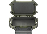 The Pelican Ruck Case R40 - Durable OD Green Tactical Backpack with Water-Resistant Design by Pelican is displayed open from a top-down perspective. The empty interior features a grid pattern, ideal for outdoor enthusiasts. The case includes robust latches and handles, with the lid opening outward and a smaller compartment door at the front bottom.