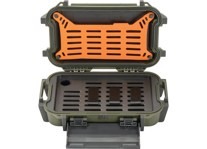 The Pelican Ruck Case R40 - Durable OD Green Tactical Backpack with Water-Resistant Design, now open, displays an orange insert lid equipped with multiple slots for securing items. The bottom section includes a grey tray featuring additional slots and two black Velcro straps, perfect for organizing and protecting equipment for outdoor enthusiasts.