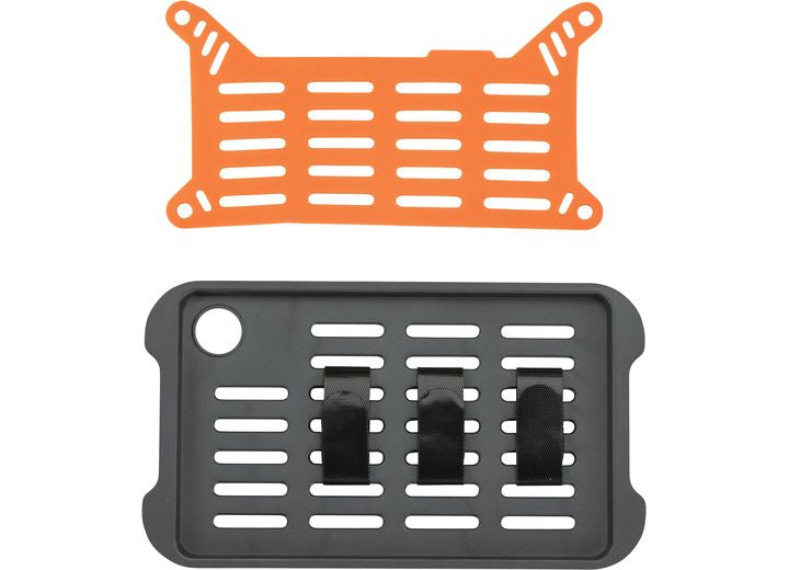 An image showcasing two distinct organizing panels for outdoor enthusiasts. The top panel is orange with multiple slots and rounded edges, reminiscent of the durable design found in the Pelican Ruck Case R40 - a water-resistant tactical backpack in OD green by Pelican. The bottom panel is black, similar to the Pelican Ruck Case R40, featuring a keyhole on the upper left, three velcro straps, and multiple ventilation slots.