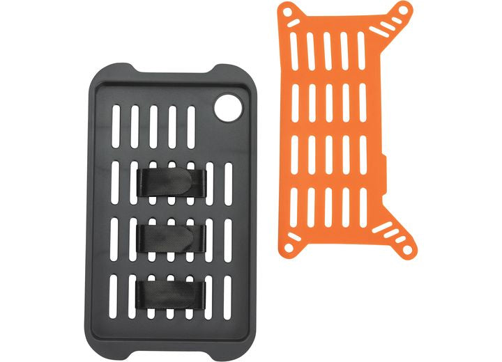 Two rectangular objects are displayed: a gray panel with slots and straps on the left and an orange, similarly slotted panel without straps on the right. Both panels have rounded edges, and the gray panel features a circular cutout in the top corner. Ideal for outdoor enthusiasts who use products like the Pelican Ruck Case R40 - a durable OD green tactical backpack with a water-resistant design from Pelican.