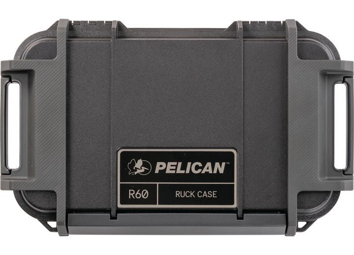 A black Pelican Ruck Case R60, a durable tactical backpack with innovative storage solutions and a rugged, textured exterior. This sturdy case includes secure latches on both sides and prominently features the central Pelican logo and branding. Designed for ultimate protection and efficiency, it is equipped with handles on both the top and bottom edges.