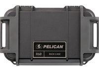 A black Pelican Ruck Case R60, a durable tactical backpack with innovative storage solutions and a rugged, textured exterior. This sturdy case includes secure latches on both sides and prominently features the central Pelican logo and branding. Designed for ultimate protection and efficiency, it is equipped with handles on both the top and bottom edges.