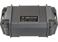 A durable black Pelican Ruck Case R60, designed by Pelican, features sturdy side latches and a central black label showcasing the brand logo and model name. This versatile case comes with reinforced corners and dual handles for easy carrying. It is engineered to protect and organize gear efficiently, much like a tactical backpack.