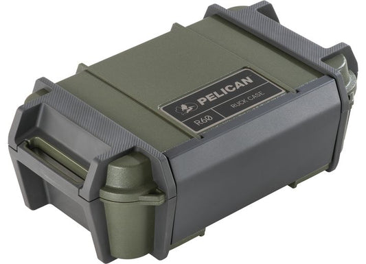 A rugged Pelican Ruck Case R60 in OD Green with reinforced corners and a secure latch. This durable outdoor gear storage solution, branded with the Pelican logo and product name on the top, features a watertight and dustproof seal, making it ideal for protecting sensitive items in harsh conditions.