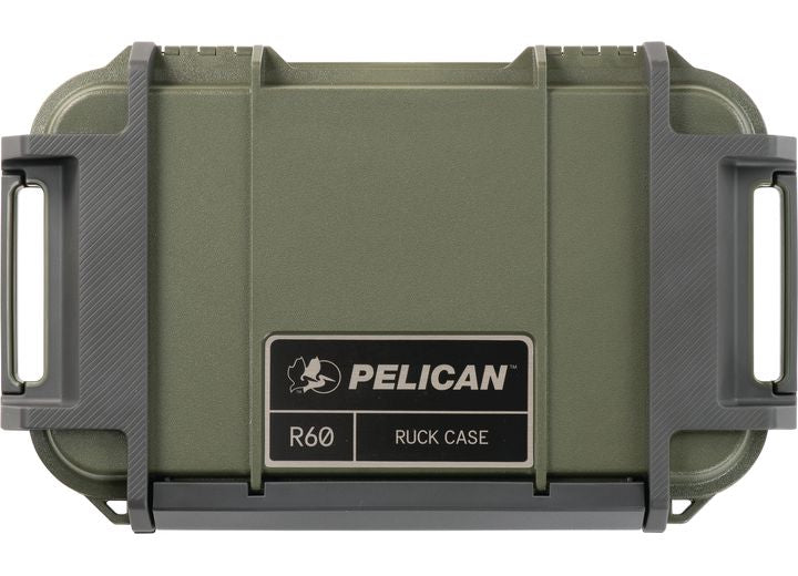 An OD Green Pelican Ruck Case R60 is pictured, showcasing its rugged design with sturdy handles on either side and a watertight and dustproof seal. The Pelican logo is prominently displayed in the center, with the text "R60 Ruck Case" below it – ideal for ultimate protection and storage of durable outdoor gear.