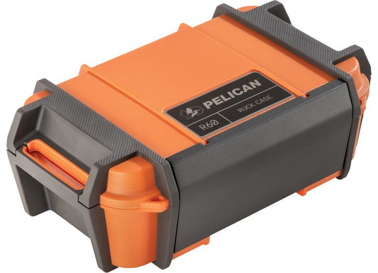 A durable orange Pelican Ruck Case R60, designed with a sturdy build, features reinforced corners, a secure latch system, and a convenient carrying handle on one end. The top displays Pelican's logo and the model name, making it an excellent waterproof gear storage solution for adventures.