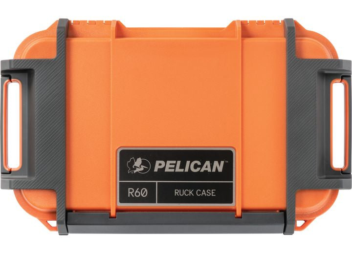 A durable orange Pelican Ruck Case R60 with gray accents and dual latch closures. This waterproof gear storage solution for adventures features an attached logo label in the center displaying the Pelican brand and model name. The rugged design appears durable, with sturdy built-in handles on both sides.

