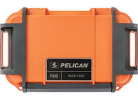 A durable orange Pelican Ruck Case R60 with gray accents and dual latch closures. This waterproof gear storage solution for adventures features an attached logo label in the center displaying the Pelican brand and model name. The rugged design appears durable, with sturdy built-in handles on both sides.

