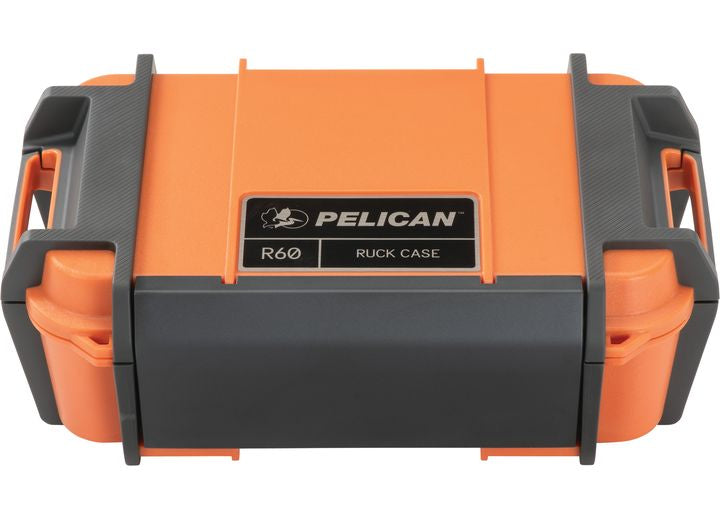 The Pelican Ruck Case R60 in durable orange is an ideal gear storage solution for adventures. This waterproof case, designed by Pelican, features sturdy handles on both ends and a robust build. The Pelican logo and model name are prominently displayed on the front, ensuring both style and reliability for protective storage needs.