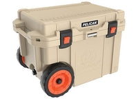 The Pelican RC 45QW Elite Cooler features a durable tan design with black and orange accents, built-in wheels, and reinforced latches. This cooler boasts superior insulation, a sturdy construction, and a measuring ruler on top, making it ideal for outdoor adventures. The Pelican logo is prominently displayed on the side.