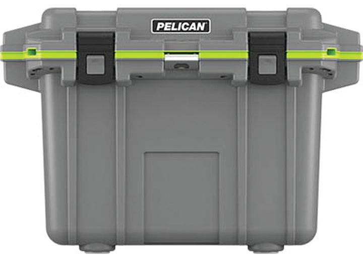 A dark grey Pelican 50 QT Elite Cooler with black latches and an evergreen trim around the top edge. The cooler appears sturdy and durable, designed for camping and outdoor use. The Pelican logo is prominently displayed on the front.