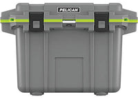 A dark grey Pelican 50 QT Elite Cooler with black latches and an evergreen trim around the top edge. The cooler appears sturdy and durable, designed for camping and outdoor use. The Pelican logo is prominently displayed on the front.