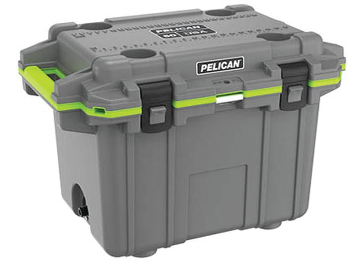 A dark grey and evergreen 50 QT Elite Cooler from Pelican, built for durability and boasting advanced insulated technology. This heavy-duty cooler features a sturdy latch system, making it an ideal companion for camping and outdoor use. The cooler is shown from an angle that highlights its side handles and the prominent Pelican brand logo on the front.