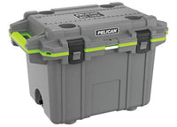 A dark grey and evergreen 50 QT Elite Cooler from Pelican, built for durability and boasting advanced insulated technology. This heavy-duty cooler features a sturdy latch system, making it an ideal companion for camping and outdoor use. The cooler is shown from an angle that highlights its side handles and the prominent Pelican brand logo on the front.