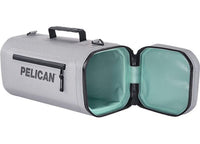 The Light Grey Pelican Cooler Sling – a durable and adjustable carrying solution for outdoor adventures – showcases a black zipper and opens to reveal a light green interior. Designed by Pelican, it features an adjustable design with a black handle on top and includes a small front pocket with a zipper for added convenience.