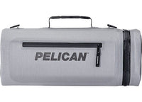 The Light Grey Pelican Cooler Sling from Pelican offers a durable, adjustable carrying solution for outdoor adventures. This light gray sling features black zippers and a black handle, along with the bold "PELICAN" text on the front. It also includes a zippered pocket on one side for additional storage.