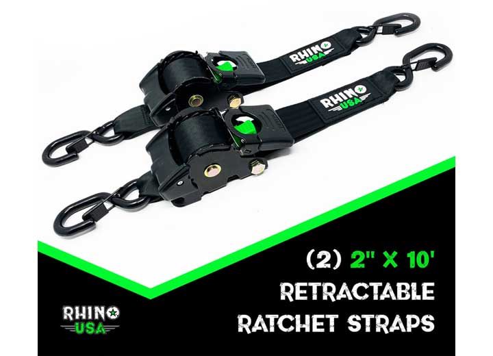 Rhino USA 2" x 10' Heavy-Duty Retractable Ratchet Straps (2-Pack) – Ultimate Cargo Securement for Trucks, Trailers, and Outdoor Adventures