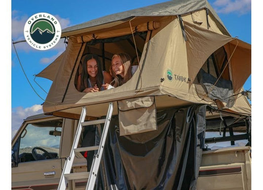 TMBK 3 PERSON ROOF TOP TENT-TAN BASE W/ GREEN RAIN FLY, BLACK ALUMIMUM BASE, BLACK LADDER